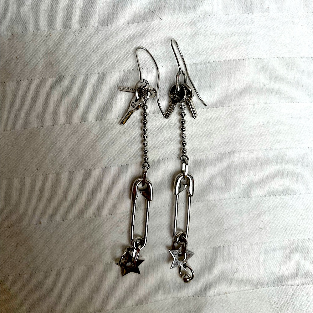 Christian Dior by Galliano Safety Pin & Keys Long Drop Earrings 2000s